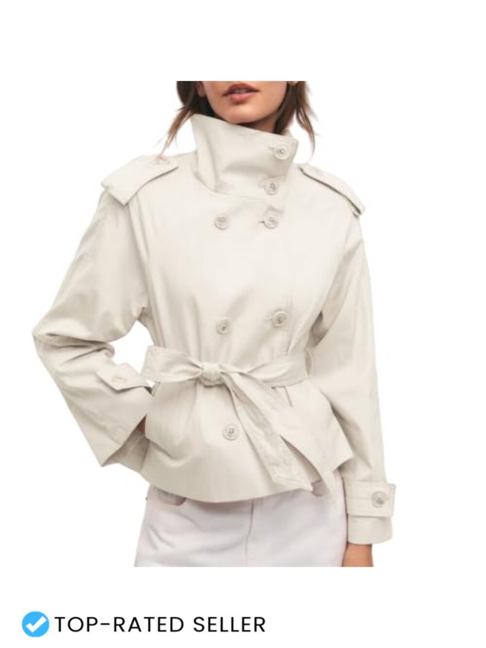 Womens Cropped Trench Coat Double Breasted Belted Polyester Blend Jacket